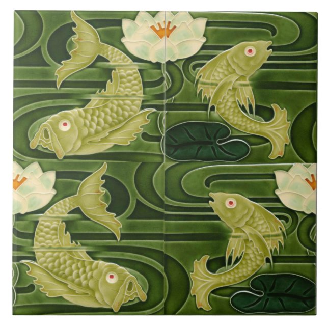 Repro German Art Nouveau Jugendstil Pond Fish Tile (Front)