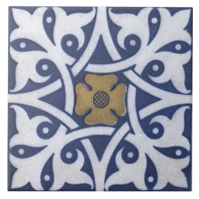 Repro Gothic Quatrefoil Tile in Blue, Gold & White (Front)