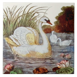 Repro hand-coloured Victorian Swan Transferware Tile
