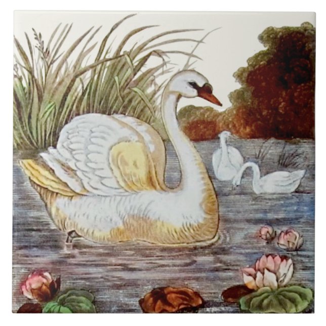 Repro hand-coloured Victorian Swan Transferware Tile (Front)