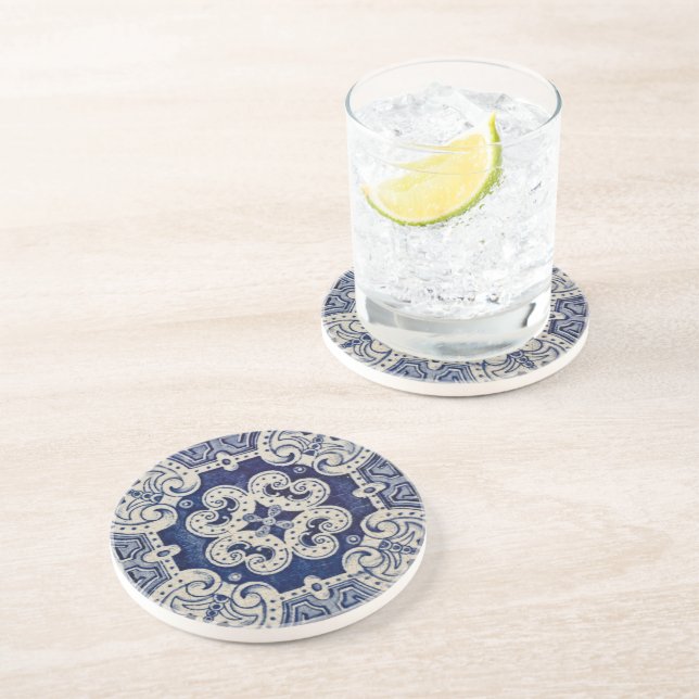 Repro Portuguese Blue Geometric Azulejos Floral Coaster (Side)