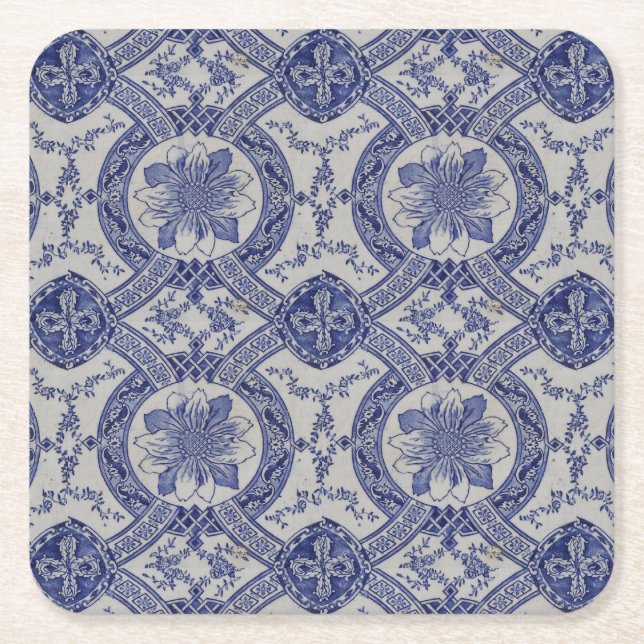 Repro Portuguese Blue Geometric Azulejos Floral  Square Paper Coaster (Front)