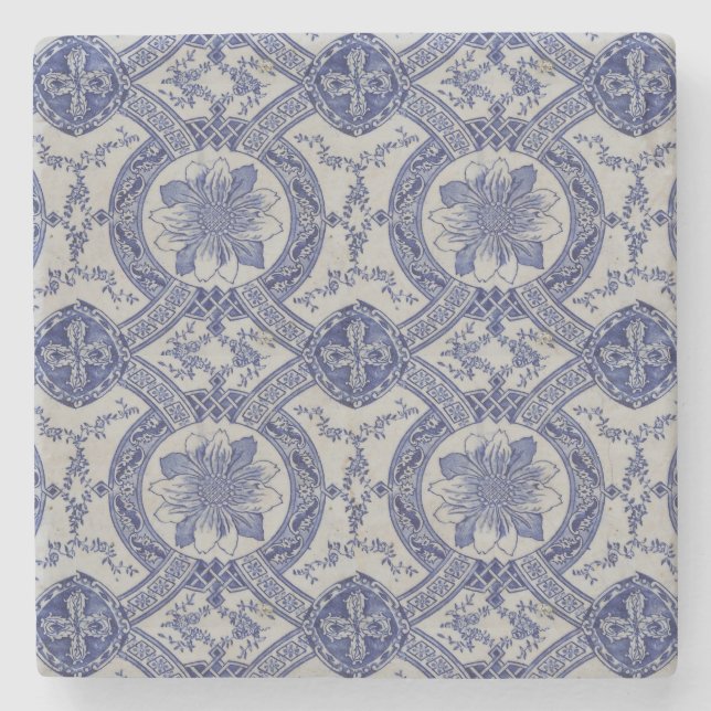 Repro Portuguese Blue Geometric Azulejos Floral  Stone Coaster (Front)