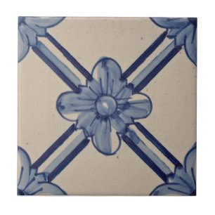 Repro Portuguese Blue Geometric Azulejos Flower Tile