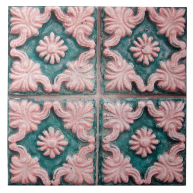 Repro Portuguese Faux Relief Red Green Floral Tile (Front)