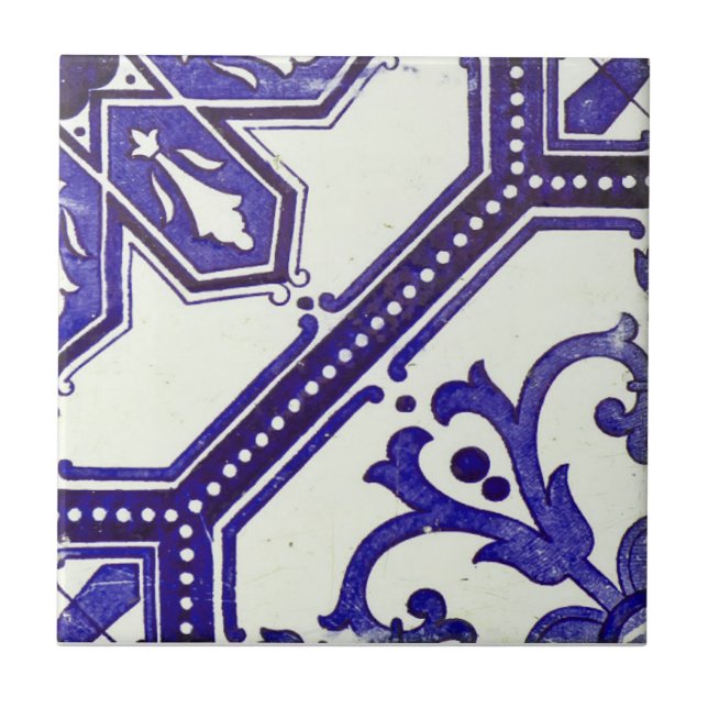 Repro Portuguese Navy Blue Geometric Azulejos Tile (Front)