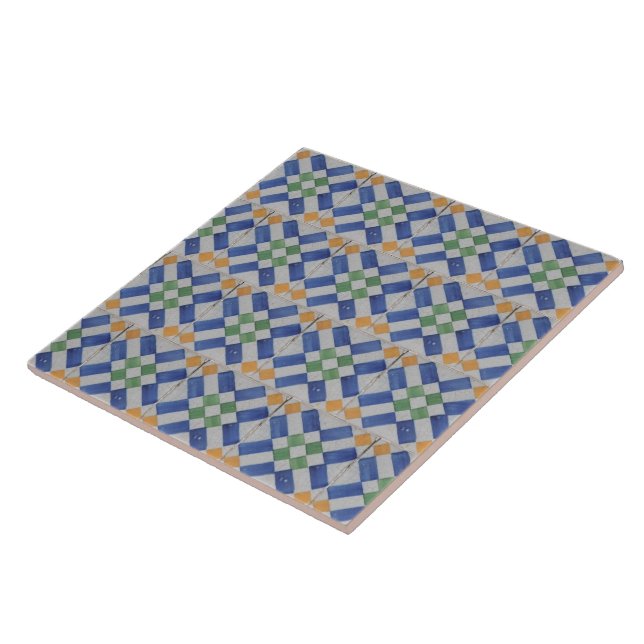Repro Spanish Geometric Azulejos Blue Yellow Tile (Side)