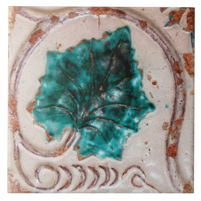Repro Spanish Geometric Azulejos Green Leaf Floral Tile (Front)