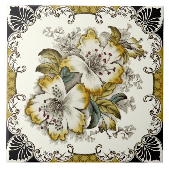 Repro Stunning Victorian Black White Gold Floral Tile (Front)
