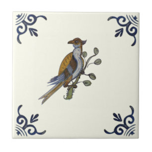 Repro Unusual Antique Handpainted Bird on Branch Tile
