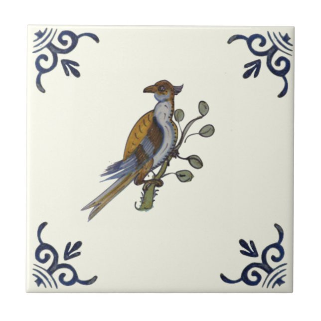 Repro Unusual Antique Handpainted Bird on Branch Tile (Front)