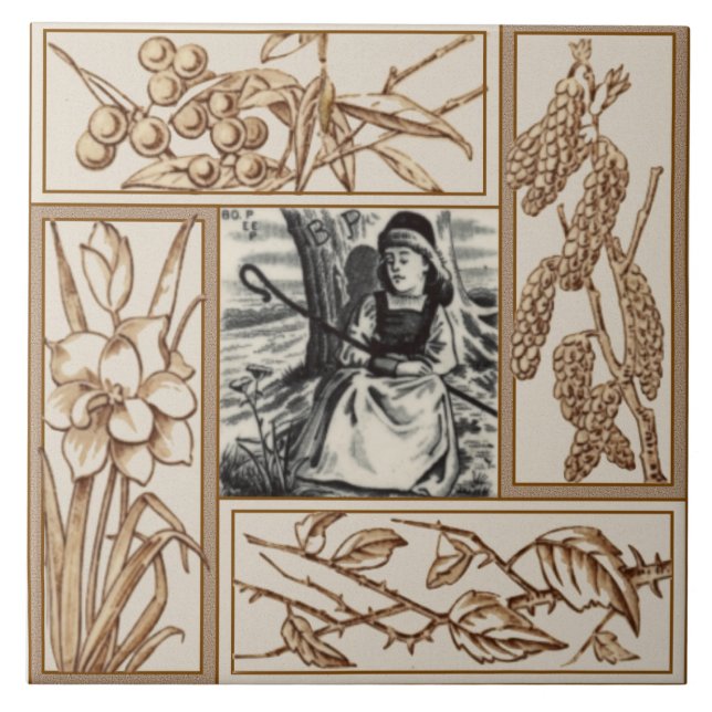 Repro VIctorian Bo Peep Nursery Rhyme Transferware Tile (Front)