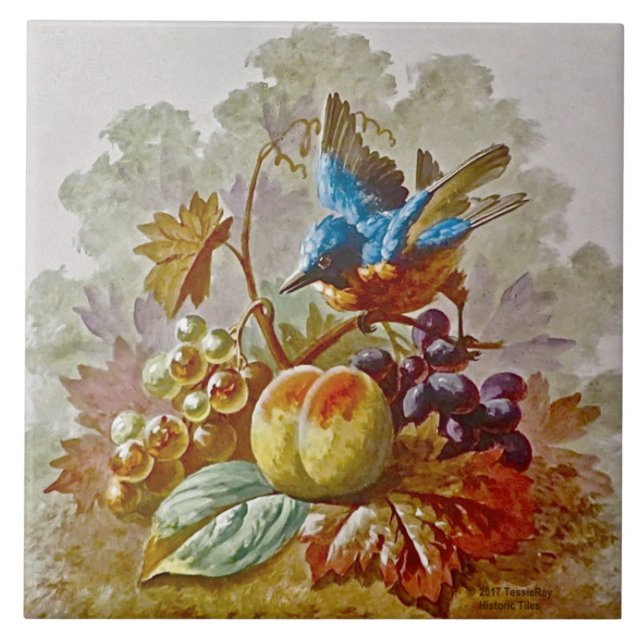 Repro Victorian Handpainted Bird & Fruit Tile #2 (Front)