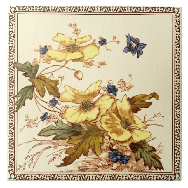 Repro Victorian Malkin Butterflies & Anemones Tile (Front)