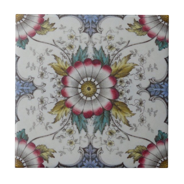 Repro Victorian Red Blue Green Floral Print & Tint Tile (Front)