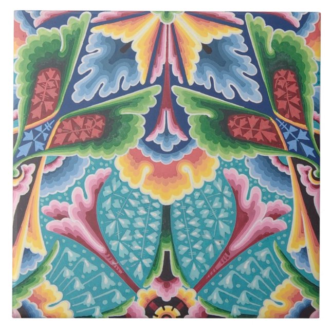 Repro Vintage Geometric Colorful Rainbow Floral Tile (Front)