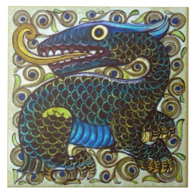 Repro Wm De Morgan Colorful Fun Dragon Tile (Front)