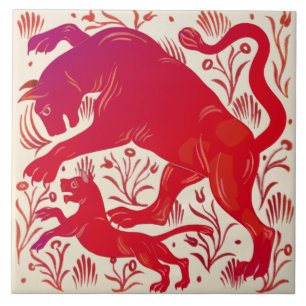Repro Wm De Morgan Ruby Lustre Cats (Panthers?) HP Tile