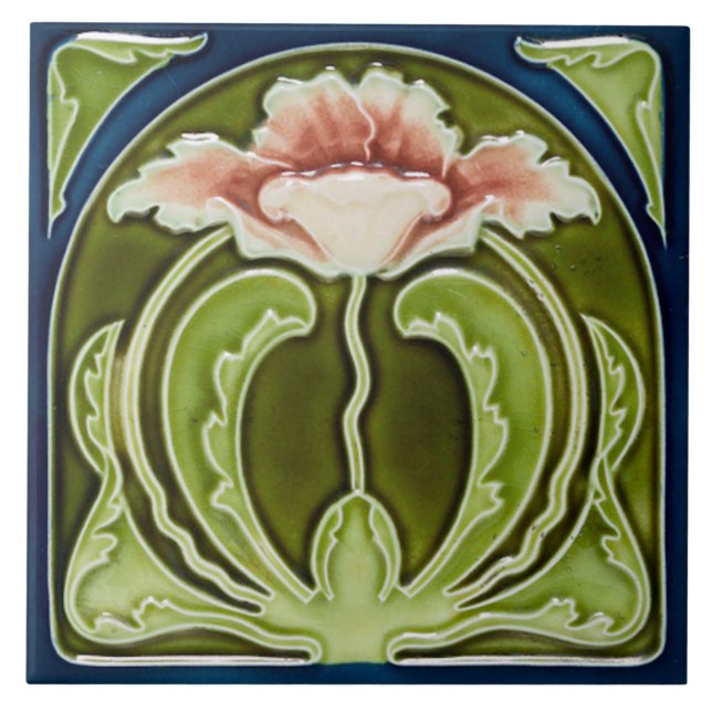 Reproduction Art Nouveau Pink Poppy on Green Tile (Front)