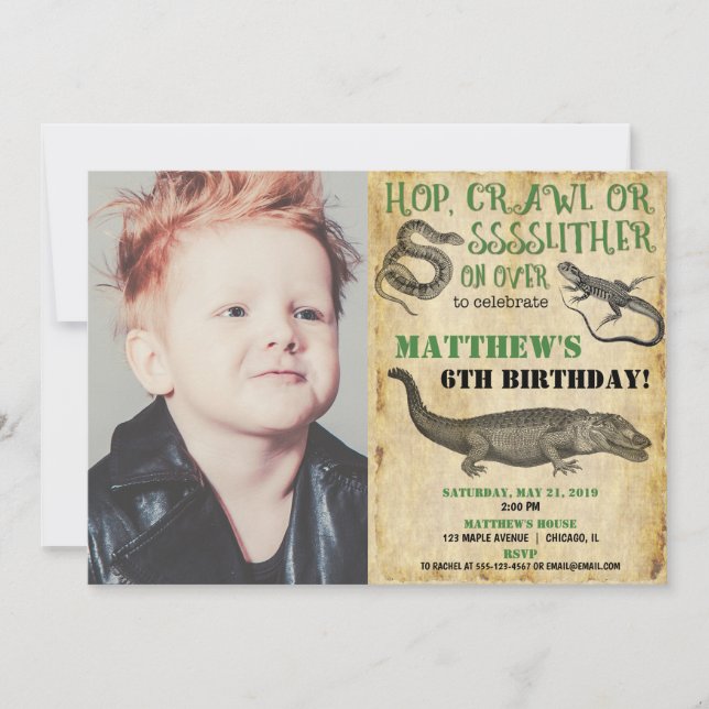 Reptile birthday boy invitations, reptile show invitation (Front)