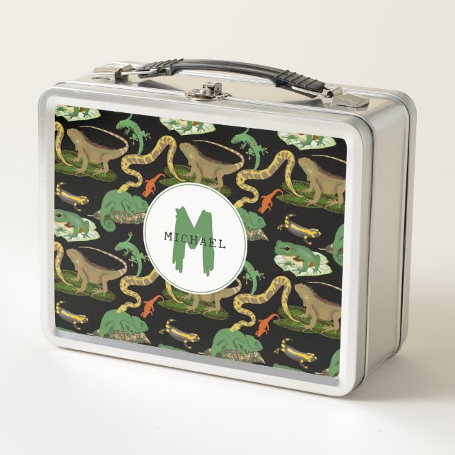 Reptile, Lizards & Amphibians Kids Monogram Metal Lunch Box (Front)