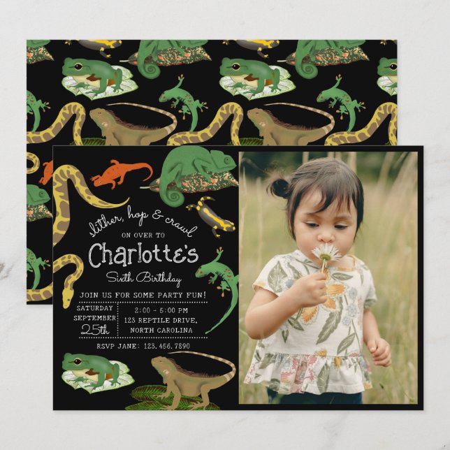 Reptile, Lizards & Amphibians Kids Photo Birthday Invitation (Front/Back)