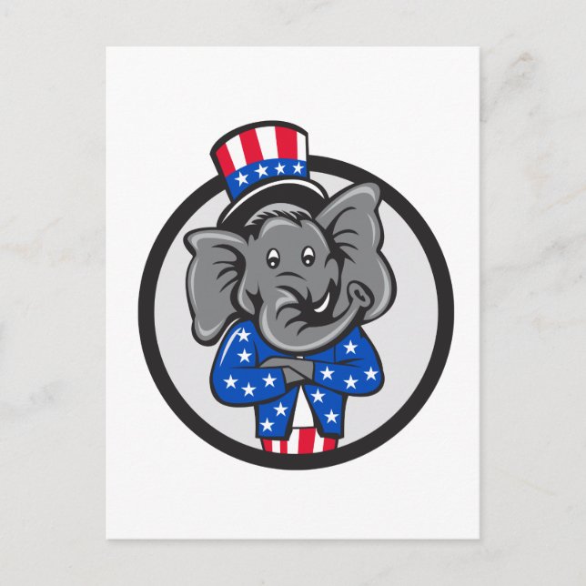 Republican Elephant Mascot Arms Crossed Circle Car Postcard (Front)