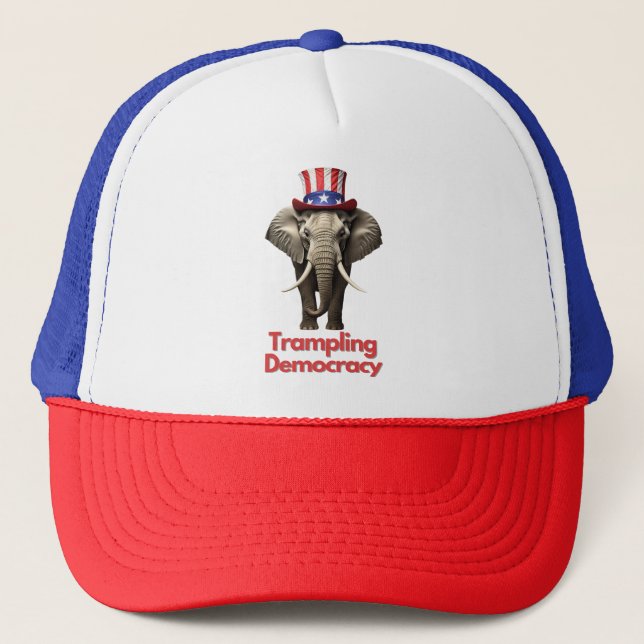 Republican Party Elephant Trampling Democracy Trucker Hat (Front)