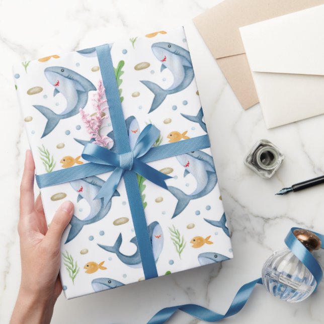 Requin sous la mer Papier cadeau blanc (Cadeaux)