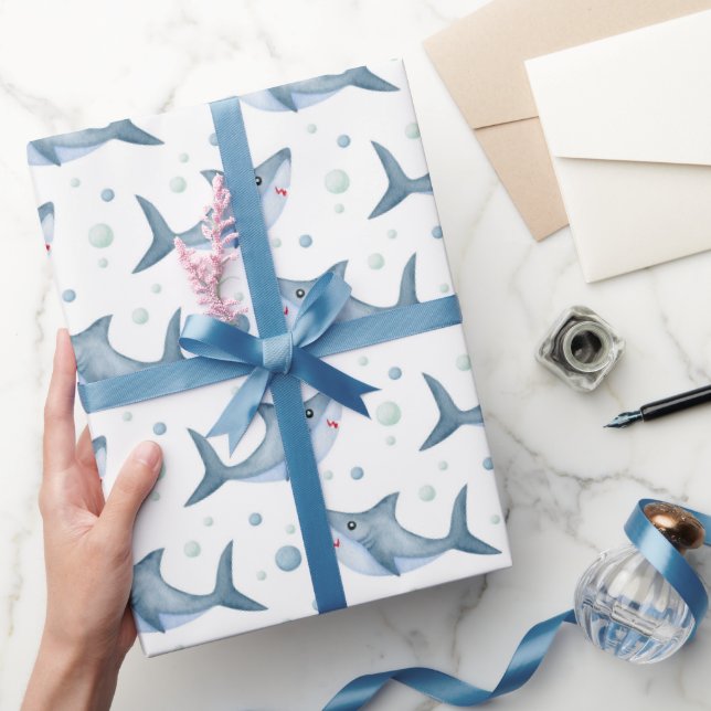 Requin sous la mer Papier cadeau blanc (Cadeaux)
