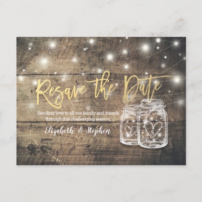 Resave the Date Wedding Postponement Mason Jars Announcement Postcard (Front)