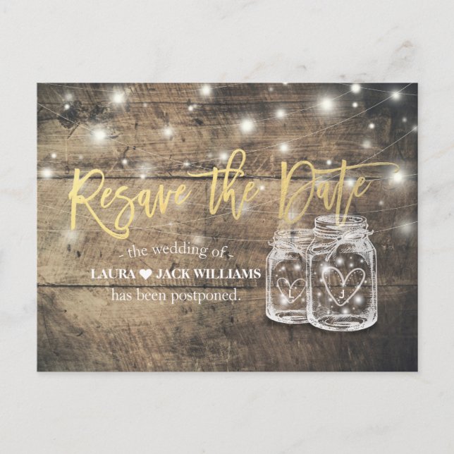 Resave the Date Wedding Postponement Mason Jars Announcement Postcard (Front)