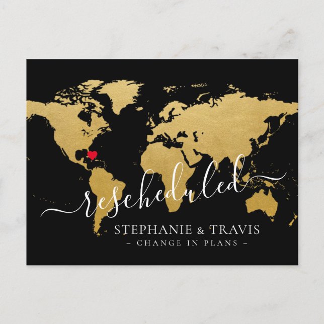 Rescheduled Postponed Destination Wedding Map Announcement Postcard (Front)