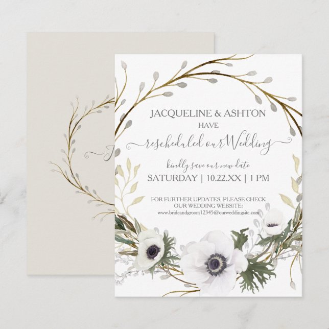 Rescheduled Wedding Grey n White Floral Eucalyptus Invitation (Front/Back)