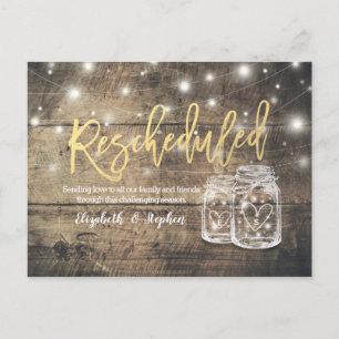 Rescheduled Wedding Postponement Mason Jars Wood Announcement Postcard