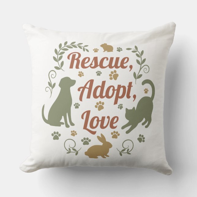 Rescue, Adopt, Love Throw Pillow (Front)