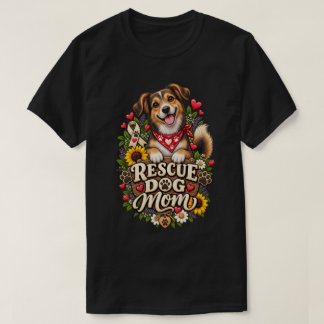 Rescue Dog Mom Cute Paw Print Floral Dog T-Shirt