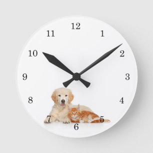 Rescue Golden Retriever Puppy and Kitten Round Clock