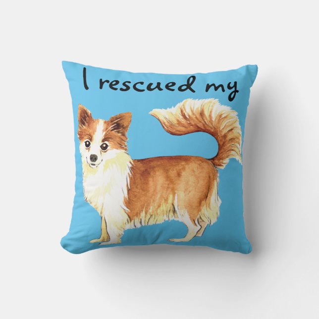 Rescue Long Coat Chihuahua Throw Pillow (Front)