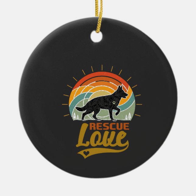 Rescue Love Dog Retro Sunset Trees Ceramic Ornament (Front)