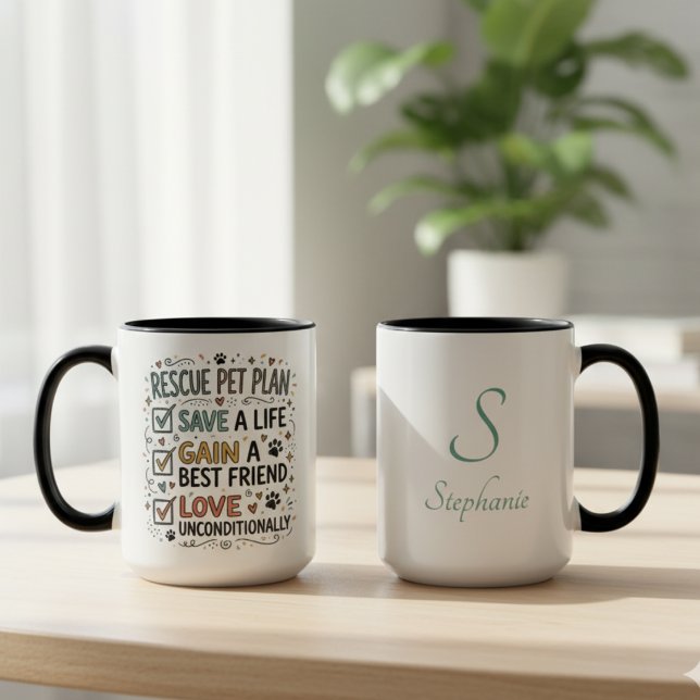 Rescue Pet Plan Mug with Custom Name (This black and white mug features a "Rescue Pet Plan" design, perfect for any animal rescue advocate)
