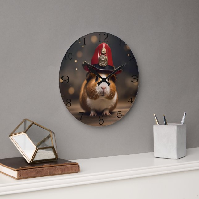 Rescue Ready: Guinea Pig in a Fireman's Hat, Large Clock (Office)