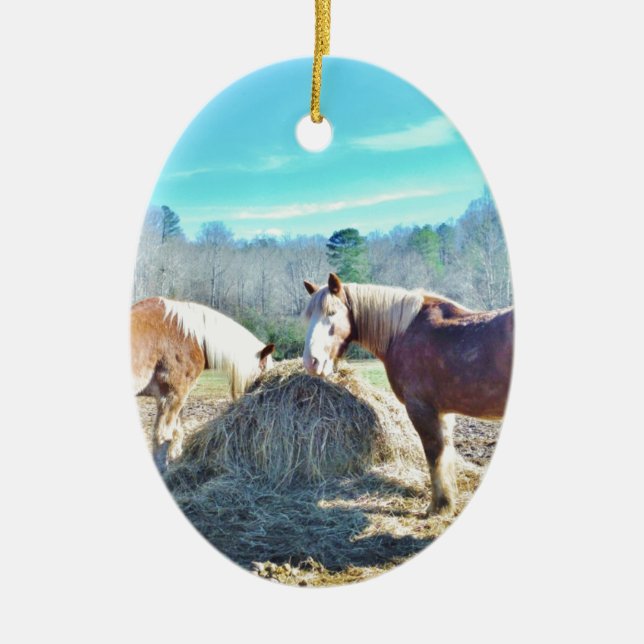 Rescued Draught Horses eating hay Ceramic Ornament (Front)