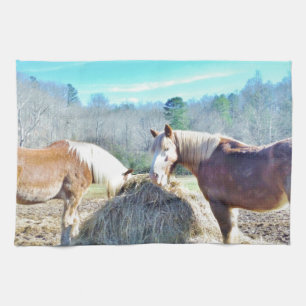 Rescued Draught Horses eating hay Kitchen Towel