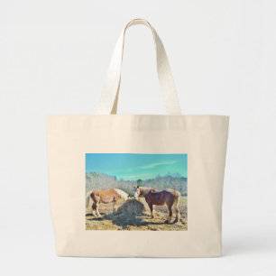 Rescued Draught Horses eating hay Large Tote Bag