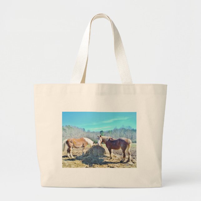 Rescued Draught   Horses eating hay Large Tote Bag (Front)