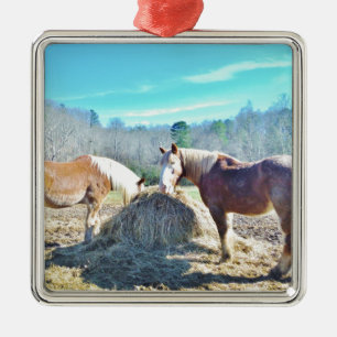 Rescued Draught Horses eating hay Metal Ornament