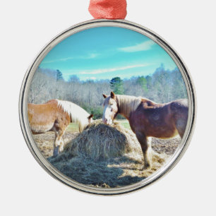 Rescued Draught   Horses eating hay Metal Ornament