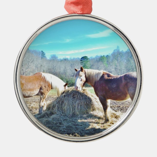 Rescued Draught   Horses eating hay Metal Ornament (Front)