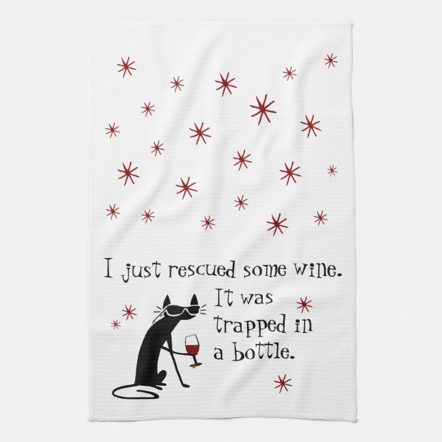 Rescued Some Wine Funny Quote with Black Cat Kitchen Towel (Vertical)